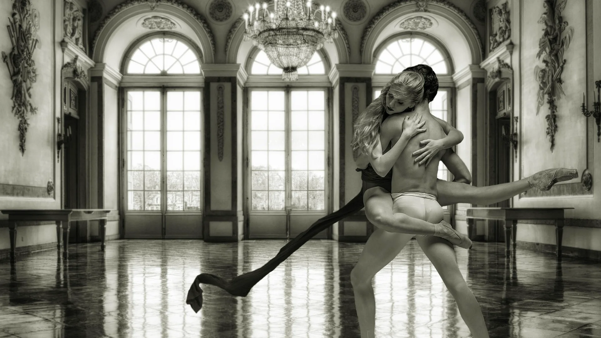 Two dancers in an intense theatrical embrace in a grand hall, illustrative of Pina Bausch's Tanztheater style