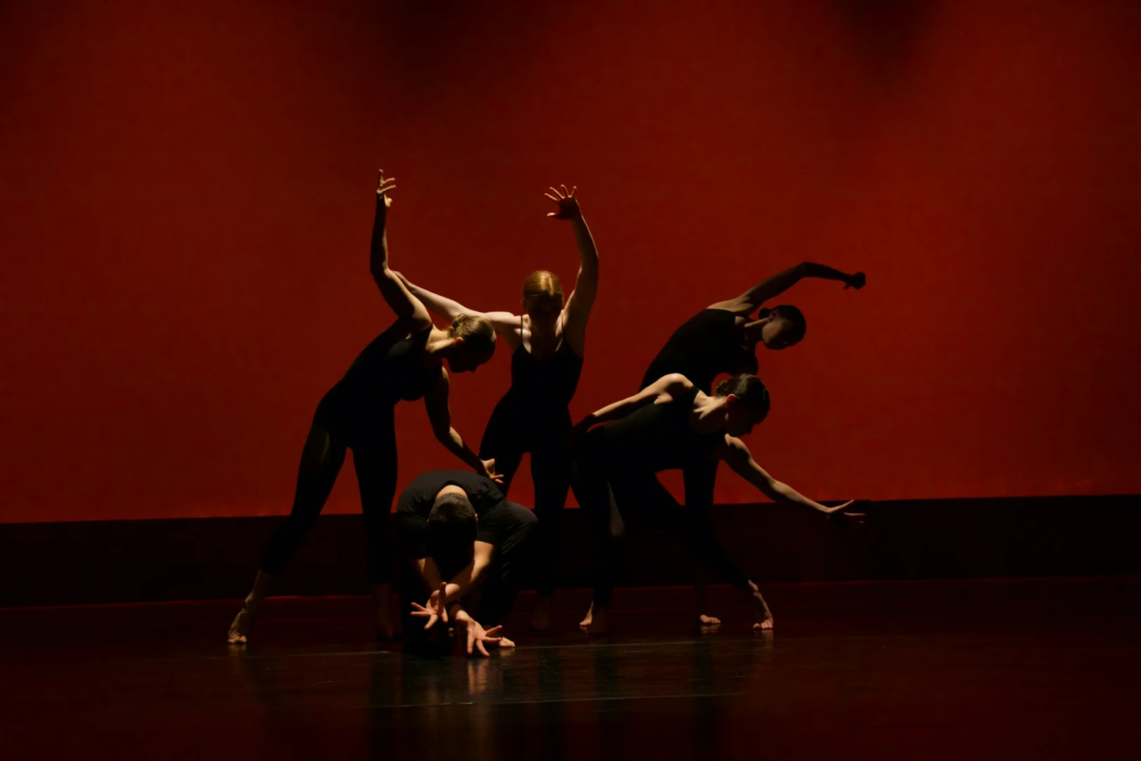An ensemble of dancers frozen in angular, reaching poses under low red stage light, illustrative of Cacti's tightly synchronized group choreography